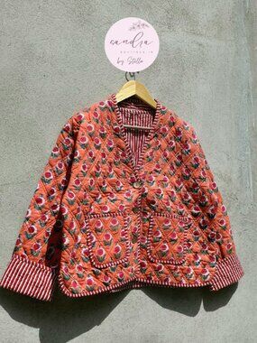 NWT Stella Impex Reversible Quilted Block Print Floral Jacket Orange Boho XXXL